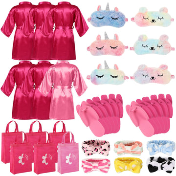 Shihanee 30 Pcs Spa Party Supplies For Girls, 6 Satin Robe 6 Kids Slippers Sleepover Birthday Spa Party Favors (5 Rose Red, 1 Pi