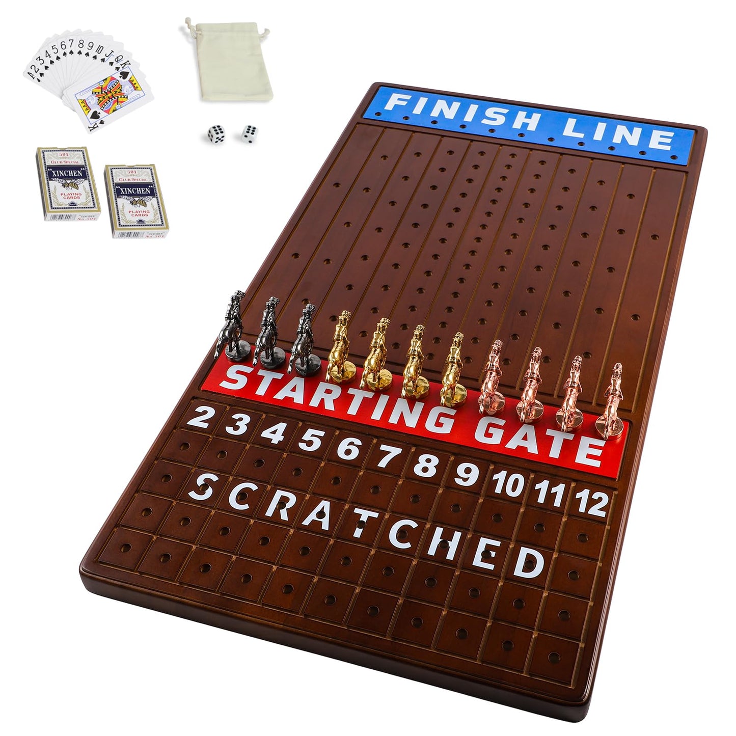 Grhonior 21 Inches Horse Racing Board Game Wooden Finish Line Race Horse for Family and mature-themed Party with 11 Metal Horses Classic Card and Dice Horse Track Tabletop Game Nights