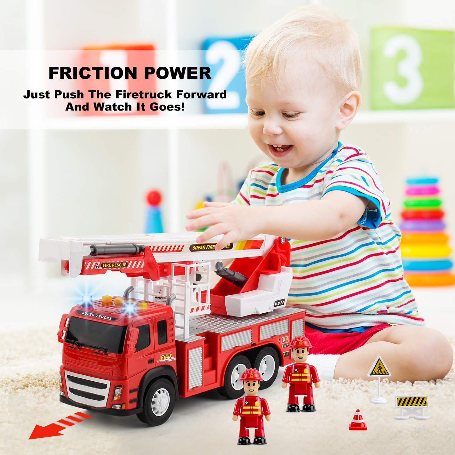 Fire Truck Playset - 1:12 Scale Large Size Toys - Realistic Fire Engine, 3 Firemen, Road Signs, Lights, Sounds - Friction-Powere