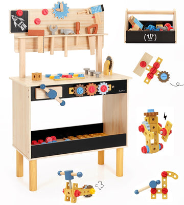 Pairpear Wooden Kids Tool Bench, Toddler Workbench With 71 Pcs Tool Set, Wooden Toy Play Worshop Toolbox With Drill, Hammer, And