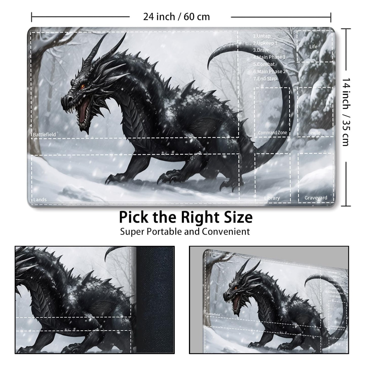 for MTG Card Playmat with Zone Game Play Mat for MTG TCG 24 x 14 inches Non-Slip Play Mat for Commander Board RPG CCG Game TCG Other Card Games/Mouse Pad-Snowy Dragon