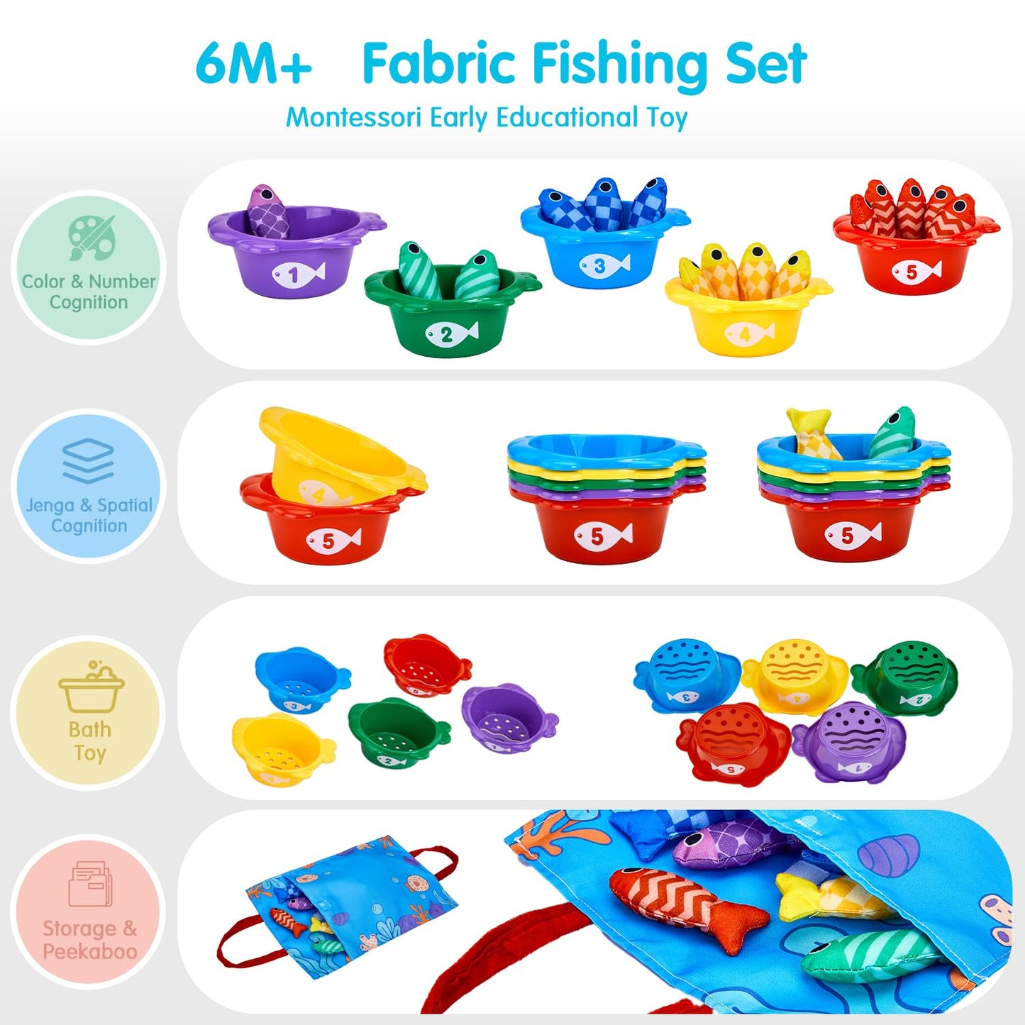 Gacoman Montessori Toys for 1 Year Old Boy Girl Birthday Gift- Cloth Fishing Game for Toddler1-3 for Grandkids with Stacking Cup