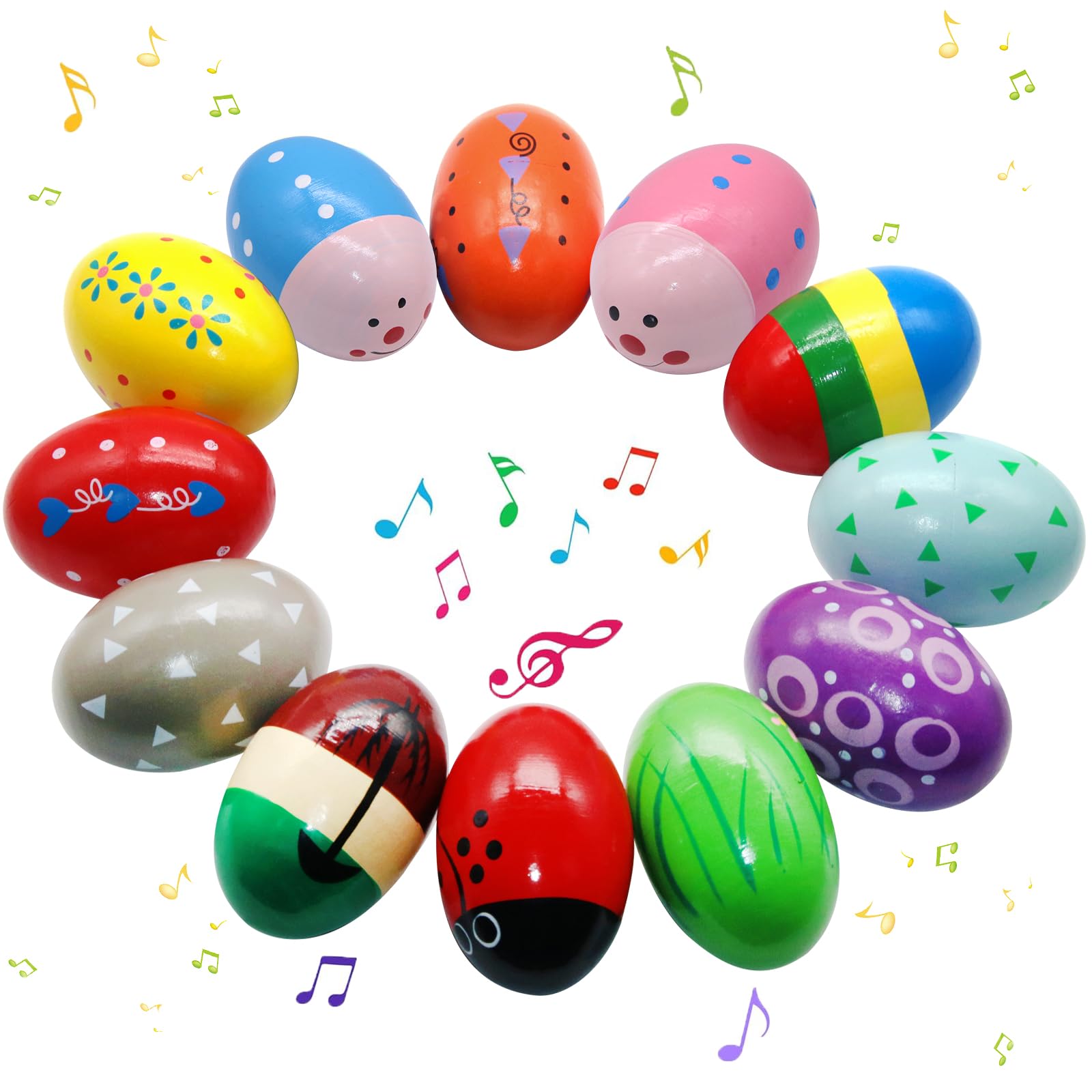 Ehome 12Pcs Wooden Egg Shakers Set Hand Musical Maracas Percussion Instruments Baby Eggs Shaker Prefilled Montessori Toys Birthd