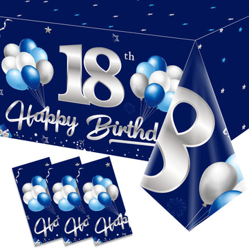 Turypaty 3 Pack Blue Silver 18Th Birthday Tablecloth Decorations For Boy, Navy Blue Happy 18 Table Cover Party Supplies, Eightee