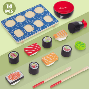 WoodenEdu Sushi Slicing Play Food Set, Wooden Pretend Play Kitchen Toys for Kids 3+, Sushi Food Play Learning Toy for Girls Boys
