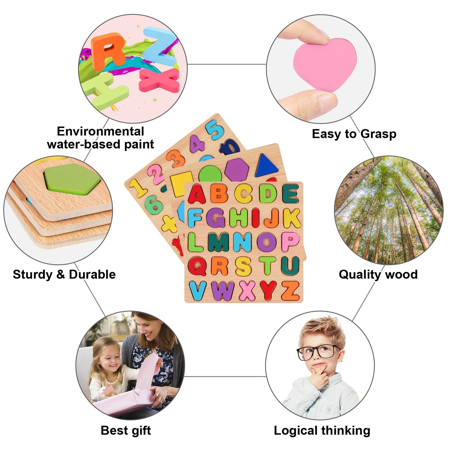 Wooden Puzzles For Toddlers 1 2 3 4 5 Year Old, Alphabet Puzzle Number Puzzle Shape Abc Puzzle, 3 In 1 Preschool Educational Learning Toys With Puzzle Board For Girls Boys Set Of 3