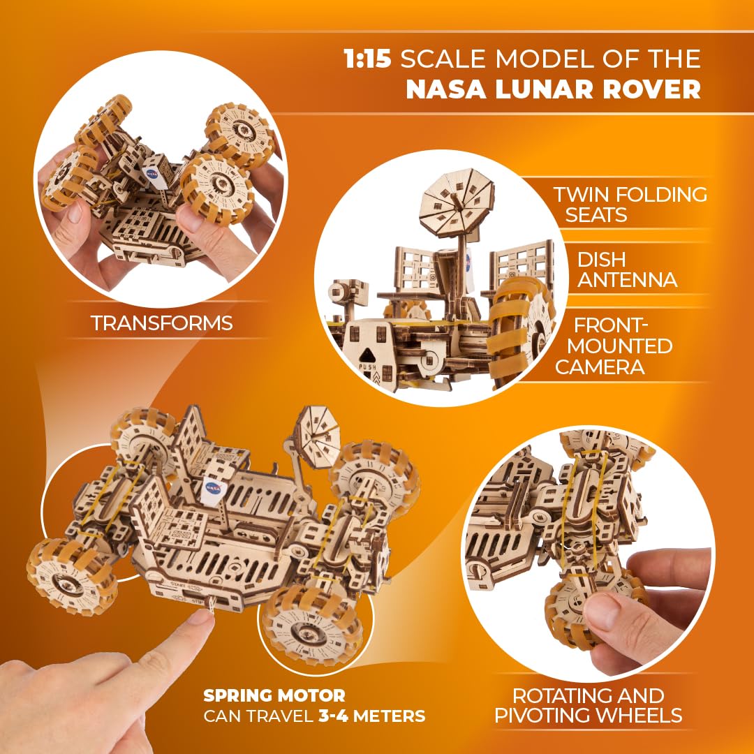 UGEARS NASA Lunar Rover Model Kit - 3D Wooden Mechanical Puzzles for Adults to Build - Space Gifts for Teen - NASA Official Spac