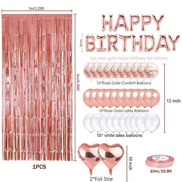 Rose Gold Birthday Party Decorations Set With Rose Gold Happy Birthday Balloon Banner, Confetti And Latex Balloon Heart Foil Balloon, Fringe Curtain For Rose Gold Theme Birthday Party Supplies