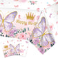 AobkDeco 3 Pieces Butterfly Birthday Tablecloths Happy Birthday Tablecloth Rectangular Watercolor Butterfly Table Cover Spring T