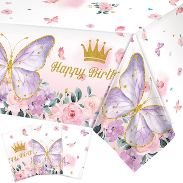 AobkDeco 3 Pieces Butterfly Birthday Tablecloths Happy Birthday Tablecloth Rectangular Watercolor Butterfly Table Cover Spring T