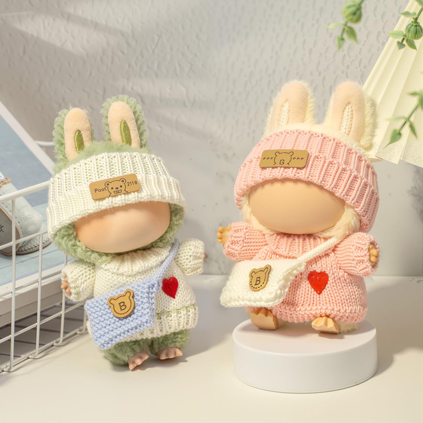 Clothes for LABUUB Doll (NO Doll)  Handcrafted Crochet 3-Piece Set for Doll Accessories  enhanced Outfit - Heart Sweater + Hat + Bag  Cute Clothes for Dress up Unique Style (White)