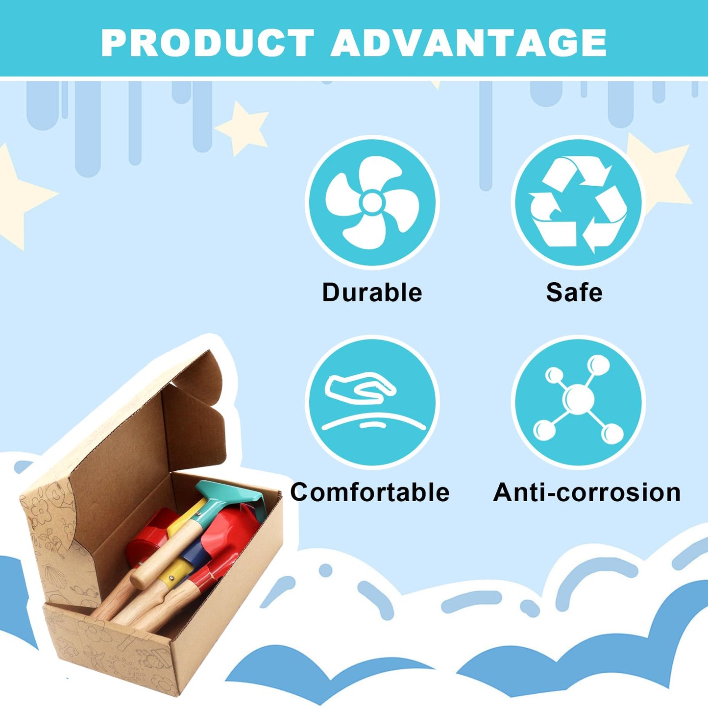 WEILAIDI Beach Toys,6 Pcs Children Beach Sand Toys,8'' Kids Gardening Set Metal Garden Tools with Sturdy Wooden Handle,Safe Kids