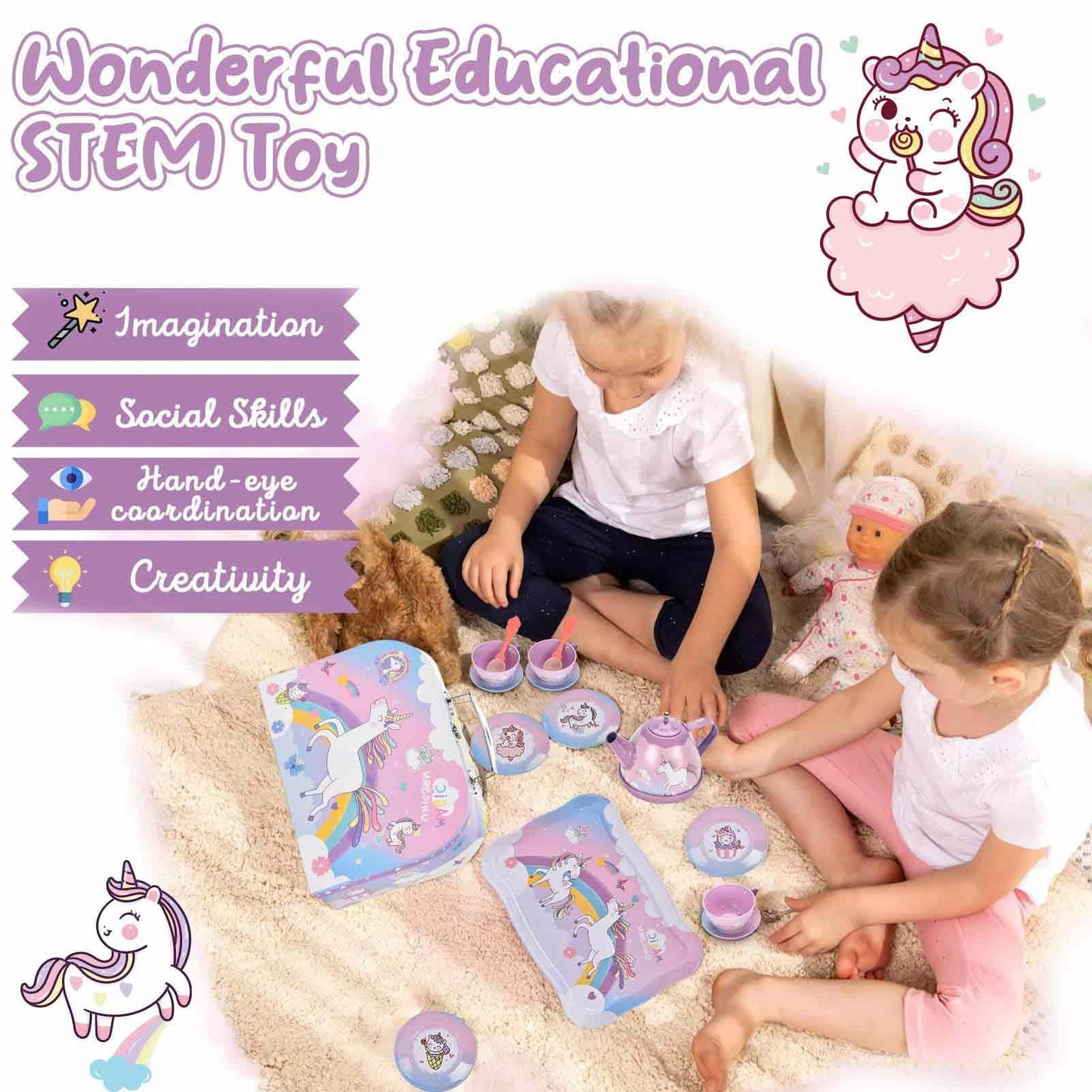 19Pcs Rainbow Unicorn Toys Tea Party Set for Little Girls, Birthday Gift for Age 3 4 5 6 Year Old, Princess Tea Time Set Toys fo