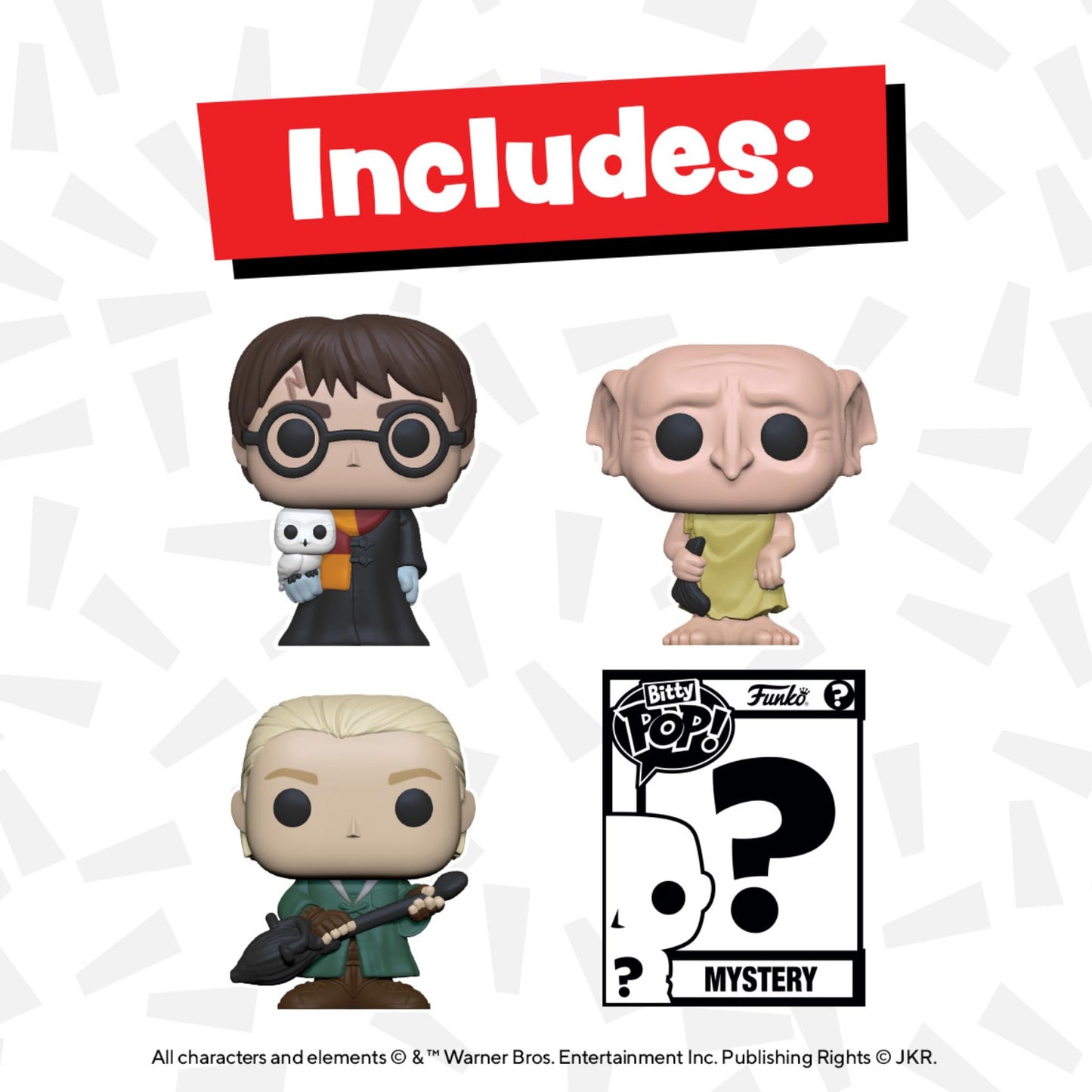 Funko Bitty POP! HP - Harry in Robe with Scarf, 4-Pack - Harry Potter, Draco Malfoy, Dobby and A Surprise Mystery Mini Figure -