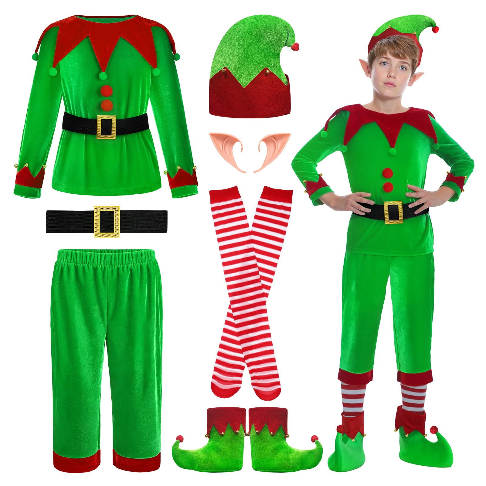 DITAIX Christmas Elf Costume for Boys - 6PCS Santa's Helper Costume - Velvet Elf Outfit Set for Kids Christmas Party (Boys Elf  Small(5-7 Years))