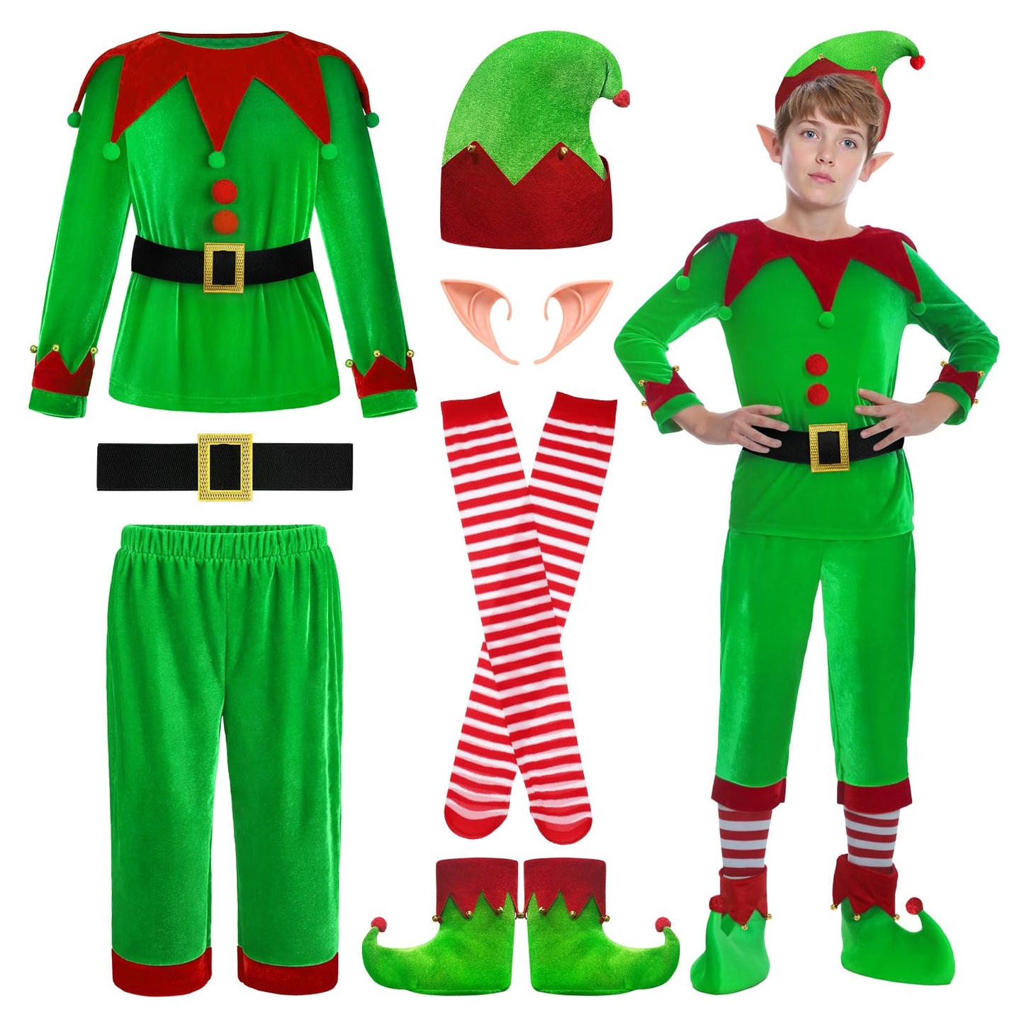 DITAIX Christmas Elf Costume for Boys - 6PCS Santa's Helper Costume - Velvet Elf Outfit Set for Kids Christmas Party (Boys Elf  Large(11-12 Years))
