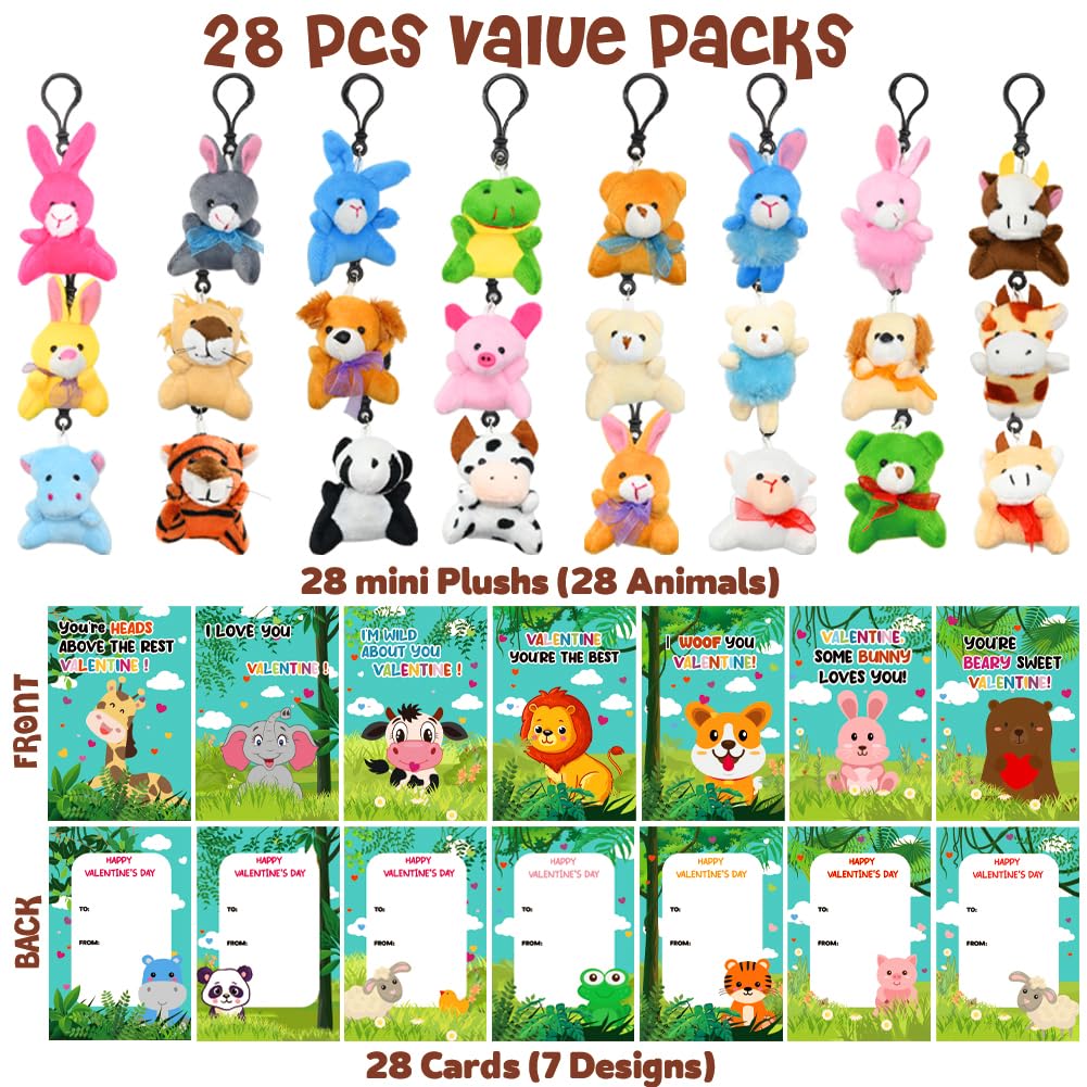 Lukbera 28Packs Valentines Day Greeting Cards With Stuffed Animals Keychains, Small Plush Animals Toys Bulk For Kids Valentines