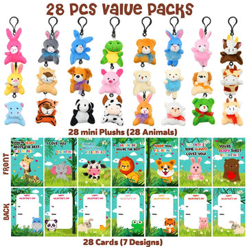 Lukbera 28Packs Valentines Day Greeting Cards With Stuffed Animals Keychains, Small Plush Animals Toys Bulk For Kids Valentines