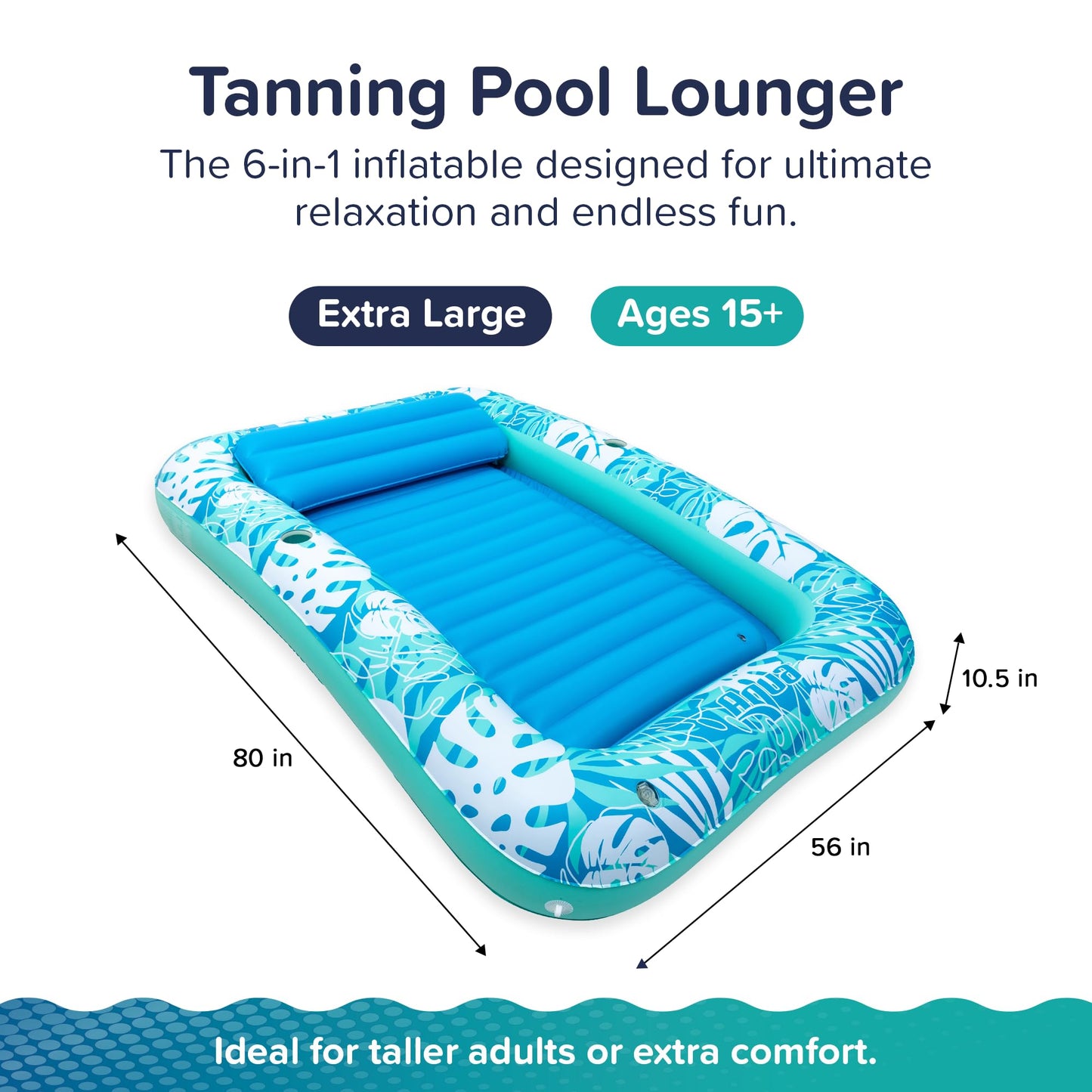 Aqua Inflatable Tanning Pool Lounger - Extra Large (80 x 56 in) - enhanced Pool Float with Cupholders and Removeable Pillow for Relaxation and Fun  Teal Palms Pattern