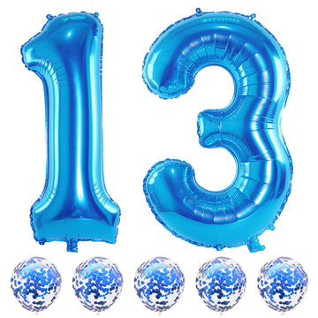 13Th Birthday Balloons For Boys, 40 Inch Blue Foil Number 10 Balloons With Confetti Latex Helium Balloons, Blue Birthday Party B