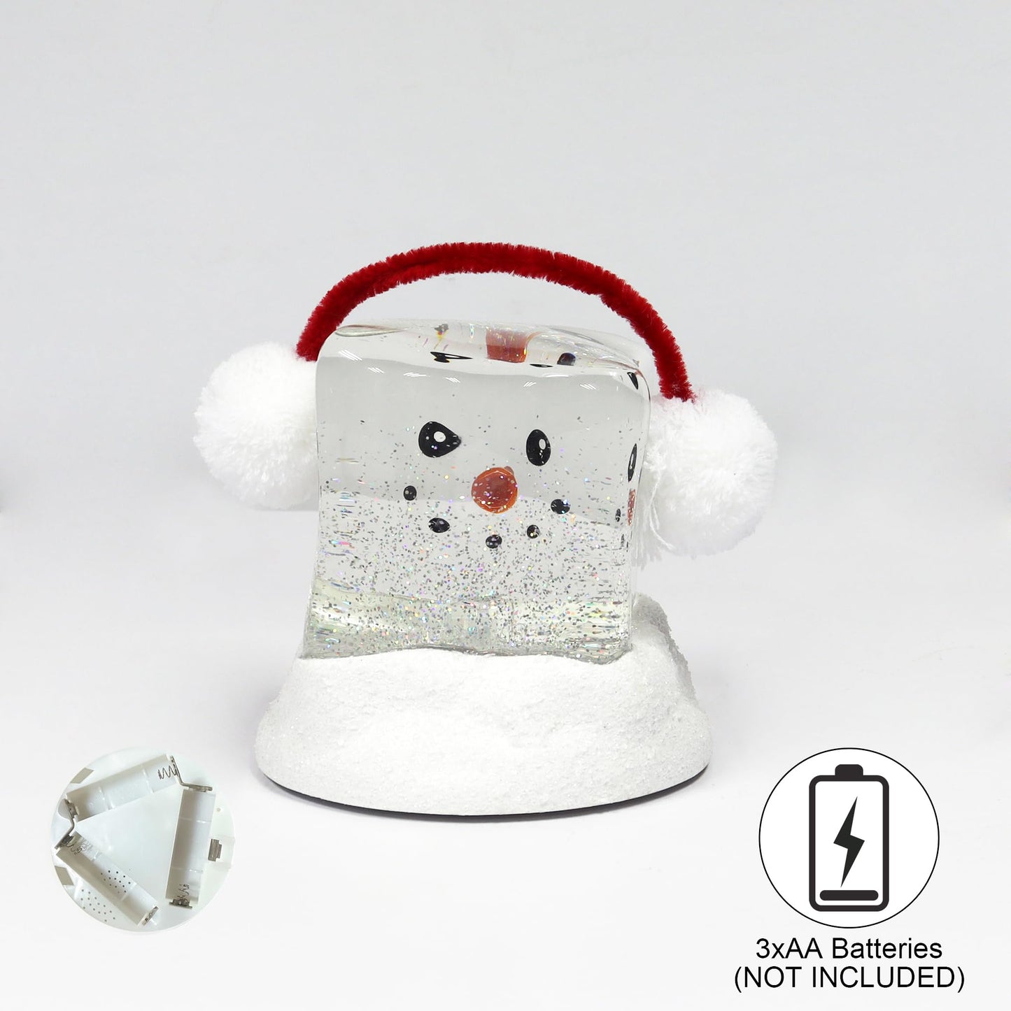 MOMENTS IN TIME 6.9H Acrylic Ice Cube Snowman - LED Lights, Water Spinning Glitter, Battery Operated