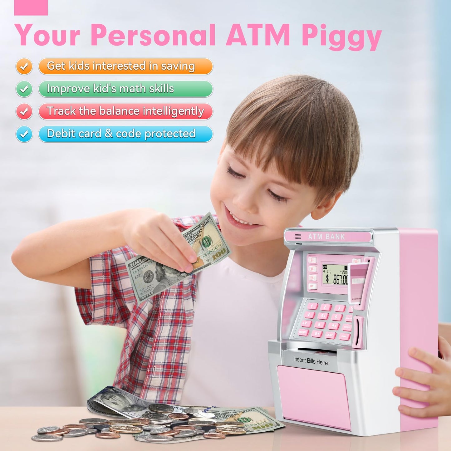 Baodlon Pink Piggy Bank For Kids, Atm Machine Bank For Real Money With Debit Card, Bill Feeder, Coin Recognition, Balance Calculator, Electronic Savings Safe Box, Cool Stuff Toys Gifts For Teen Girl