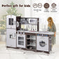 Costzon 2-Piece Play Kitchen, Wooden Toy Kitchen Set with Washing Machine, Range Hood, Ice Maker, Blackboard, Pretend Telephone,