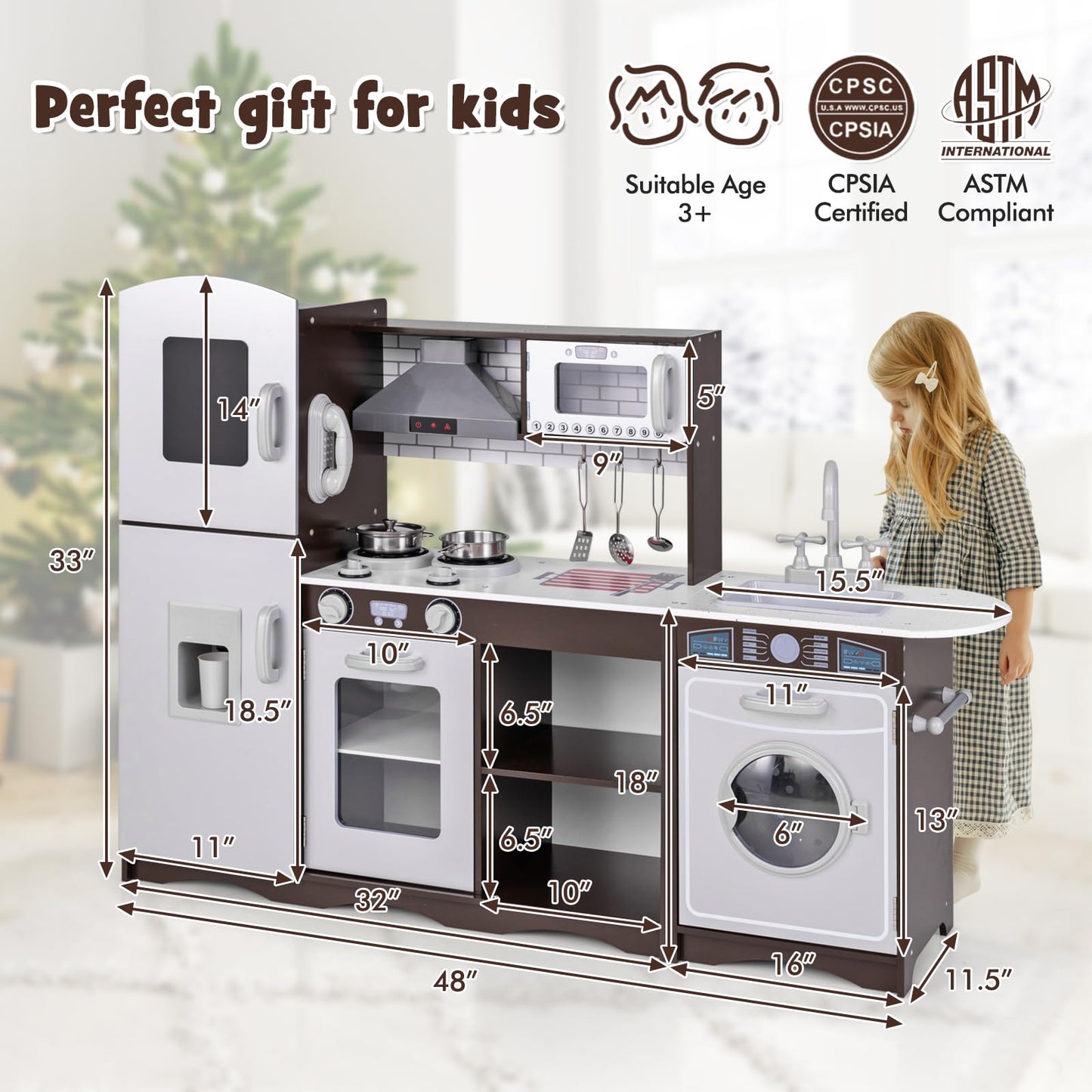 Costzon 2-Piece Play Kitchen, Wooden Toy Kitchen Set with Washing Machine, Range Hood, Ice Maker, Blackboard, Pretend Telephone,