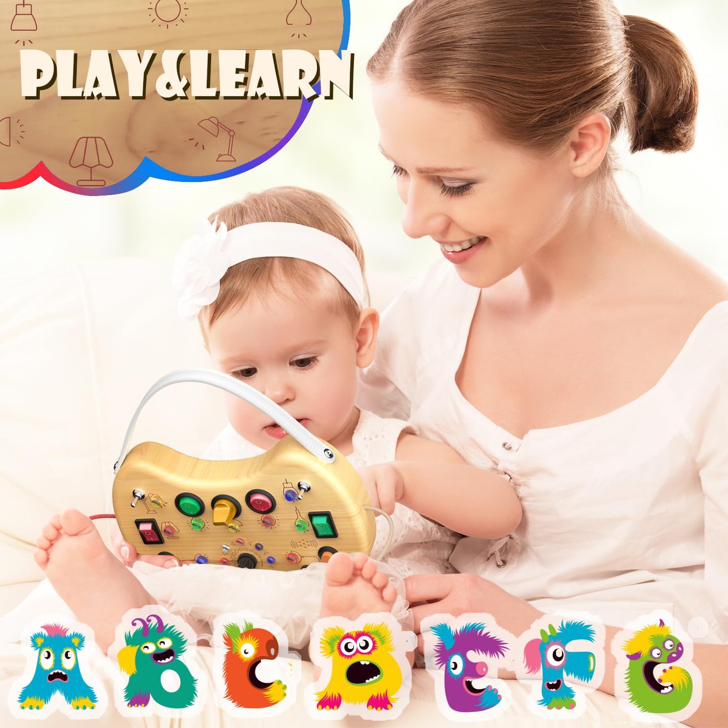 Udouto Montessori Busy Board For Toddlers 1-3, Wooden Busy Board With Led Light, Switch Board Car Ride Airplane Travel Toys, Chr