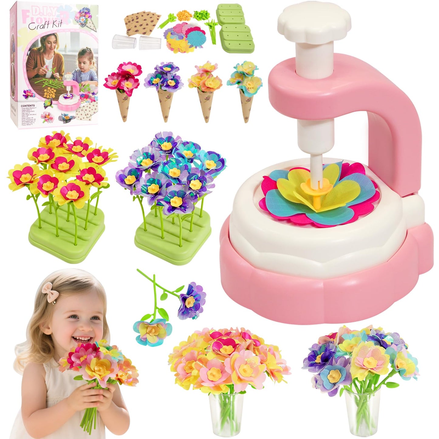 WKYCOE Fabric Flower Bouquets Craft Kit, DIY Arts and Crafts for Kids 4 5 6 7 8 9 Year Toddler Girl - Flowers Market Toy Educati