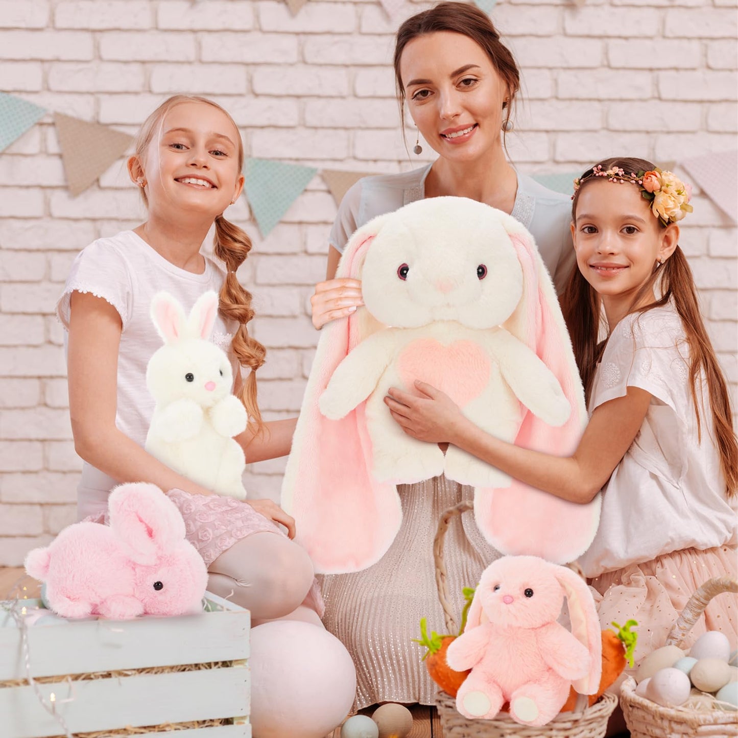 Tezituor Bunny Stuffed Animal With 3 Babies, Plush Rabbit Toy 19“ Long Ear Bunny With Heart Soft Rabbit Plushies Easter Decor Christmas Birthday Gifts For Girls Boys