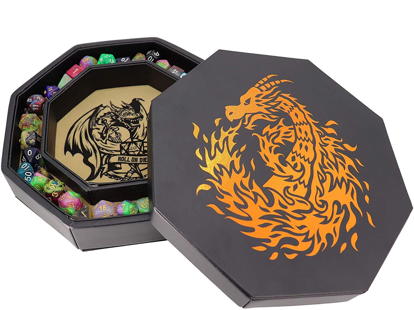 Fantasydice-Chromatic Dragon -with Roll or Die Artwork Dice Tray - 8'' Octagon with Lid and Dice Staging Area- Holds 5 Sets of D