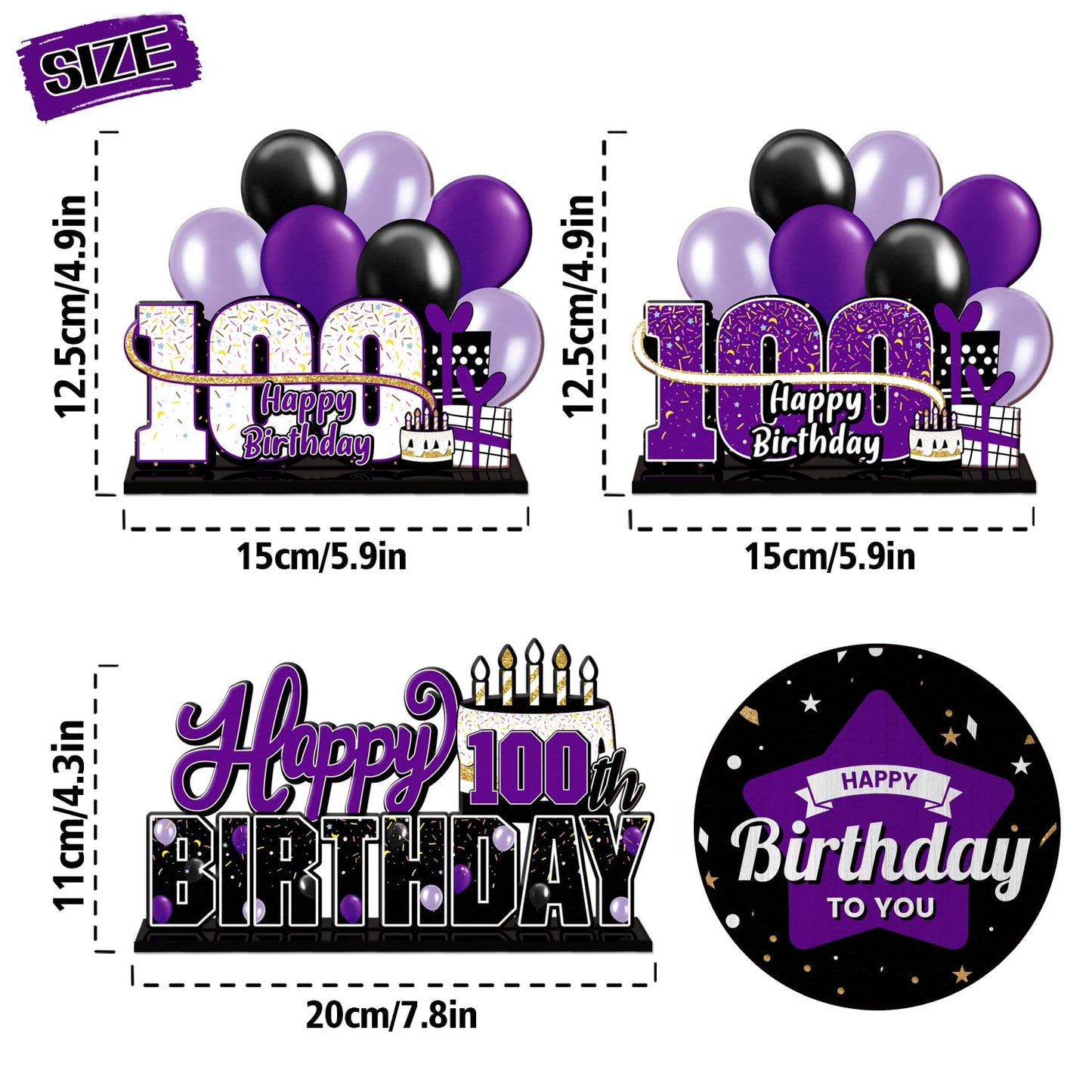 Lingteer Happy 100Th Birthday Purple Acrylic Table Topper Centerpieces Set - Cheers To 100 Years Old Birthday 100Th Bday Party Gift Decorations.