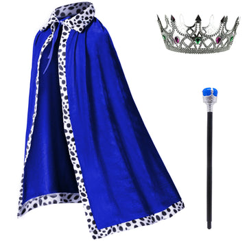King Costume For Kids Robe Crown Scepter Set Boys Royal Prince Cape Dress Up Cosplay Blue