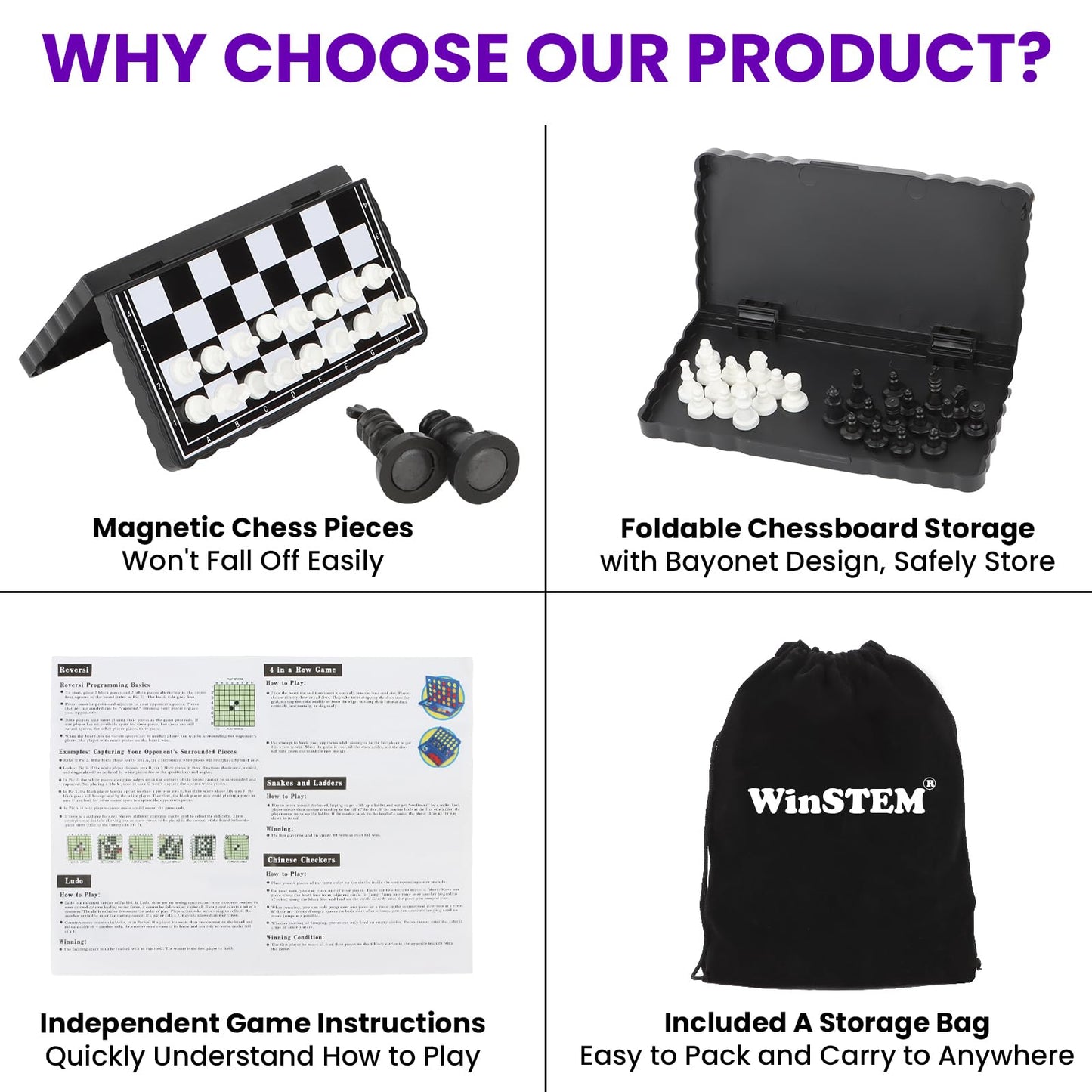 WinSTEM 8-in-1 Mini Travel Board Games Set, Magnetic Checkers, 5.2" Compact, ABS Plastic, Ideal for Family & Camping Fun