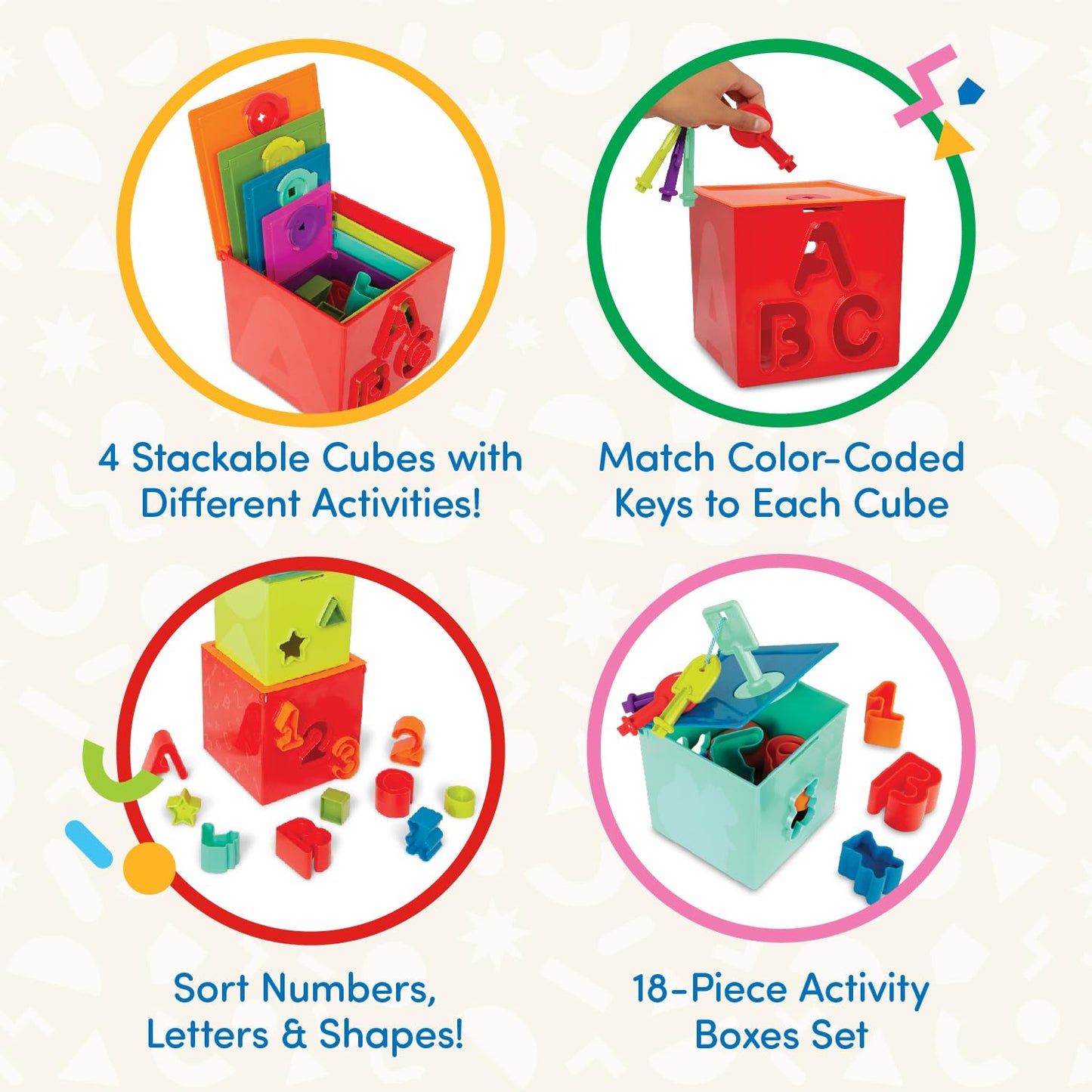 Battat - Sorting & Stacking Boxes - Nesting Toddler Play Cubes - Color - Coded Dexterity Keys - Numbers, Letters & Shapes - 2+ Y