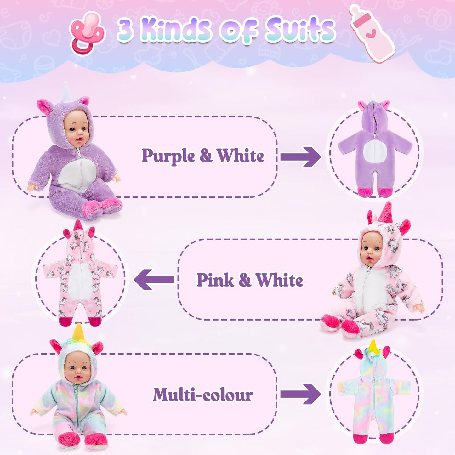 deAO 12 Inch Soft Baby Doll Backpack Glow in Dark Carrier Playset Toys Baby Care Doll Toys Set with 12''Doll Clothes Bottle Accessories Birthday Gift for Toddlers Boys Girls