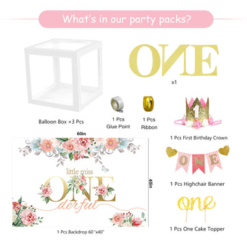 Pycalow First Birthday Decorations Girl - 1St Birthday Baby Girl Decorations Include Balloons Box, Backdrop, Crown, Banner, High