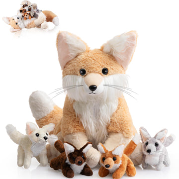 Hydren 5Pcs Woodland Animals Plush Toys Set 13.4 Inch Large Fennec Fox Stuffed Animal With 4 Cute Baby Fox Plush Toys Gift For V