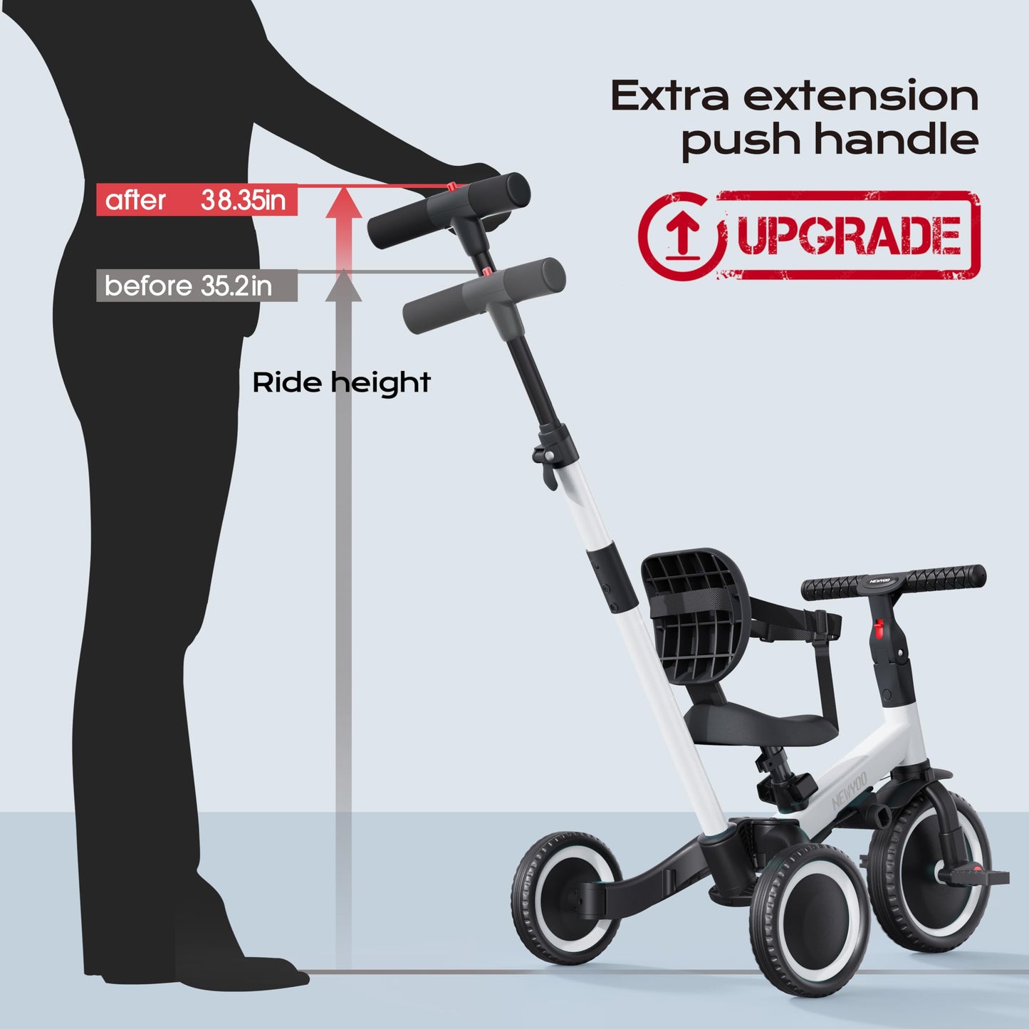 newyoo Toddler Bike - 4 in 1 Tricycle for 1-3 Year Olds, White, Carbon Steel, Model TR007, with Parent Handle & Removable Pedals