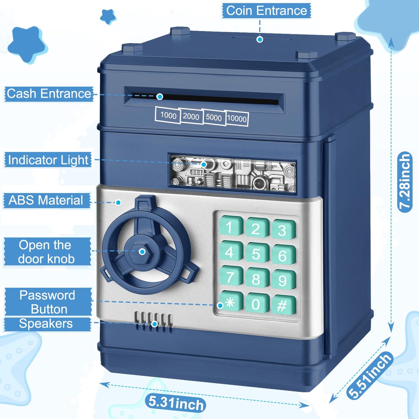 Renvdsa Cartoon Electronic Atm Password Piggy Bank Cash Coin Can Auto Scroll Paper Money Saving Box Gift For Kids (Navy Blue)