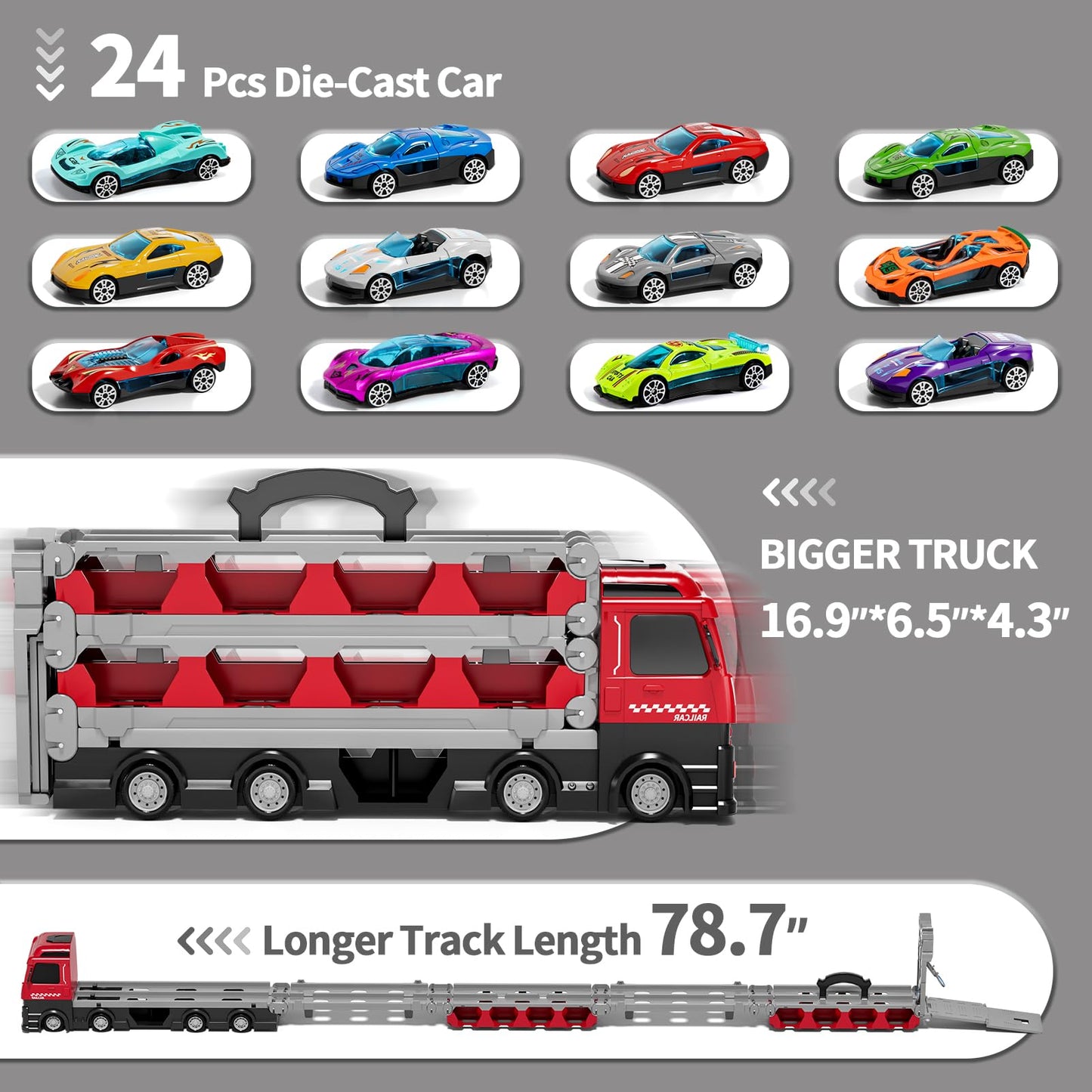 Ci Vetch 78-Inch Cars Trucks Toys For Toddler 1-3 2-4 3-5 4-7 Years Old Boys Kids, Transport Truck Toys With 24 Pcs Die-Cast Car