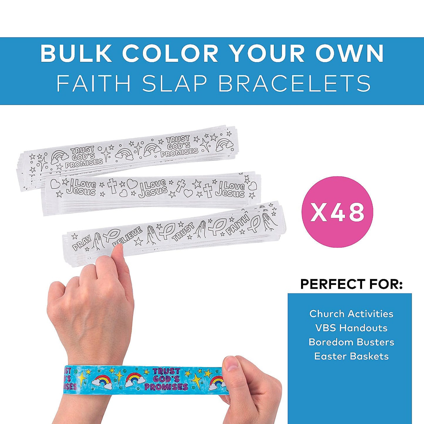 Fun Express Color Your Own Faith Slap Bracelets - VBS and Sunday School Craft Kits - Bulk set of 48
