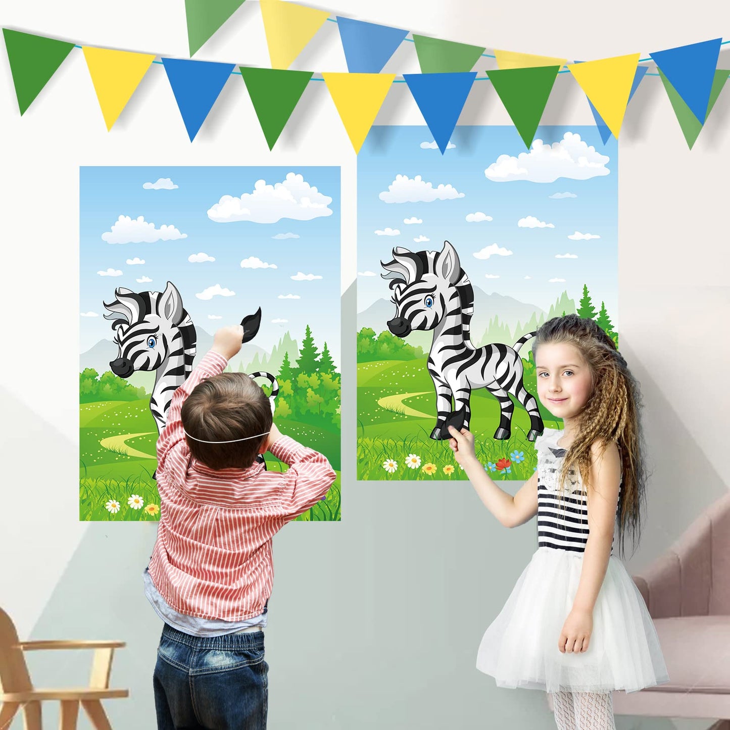 Astaron 2 Sets Safari Theme Party Game Pin The Tail On The Zebra, Jungle Animal Party Game Wild One Birthday Decorations With 48Pcs Tail Stickers For Kids Birthday Party Supplies