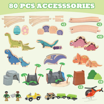 Woodenedu 80Pcs Wooden Train Set, Dinosaur Wooden Train Track Set, Wood Toy Train Set For Toddlers 2-4, Train Toys For Toddlers