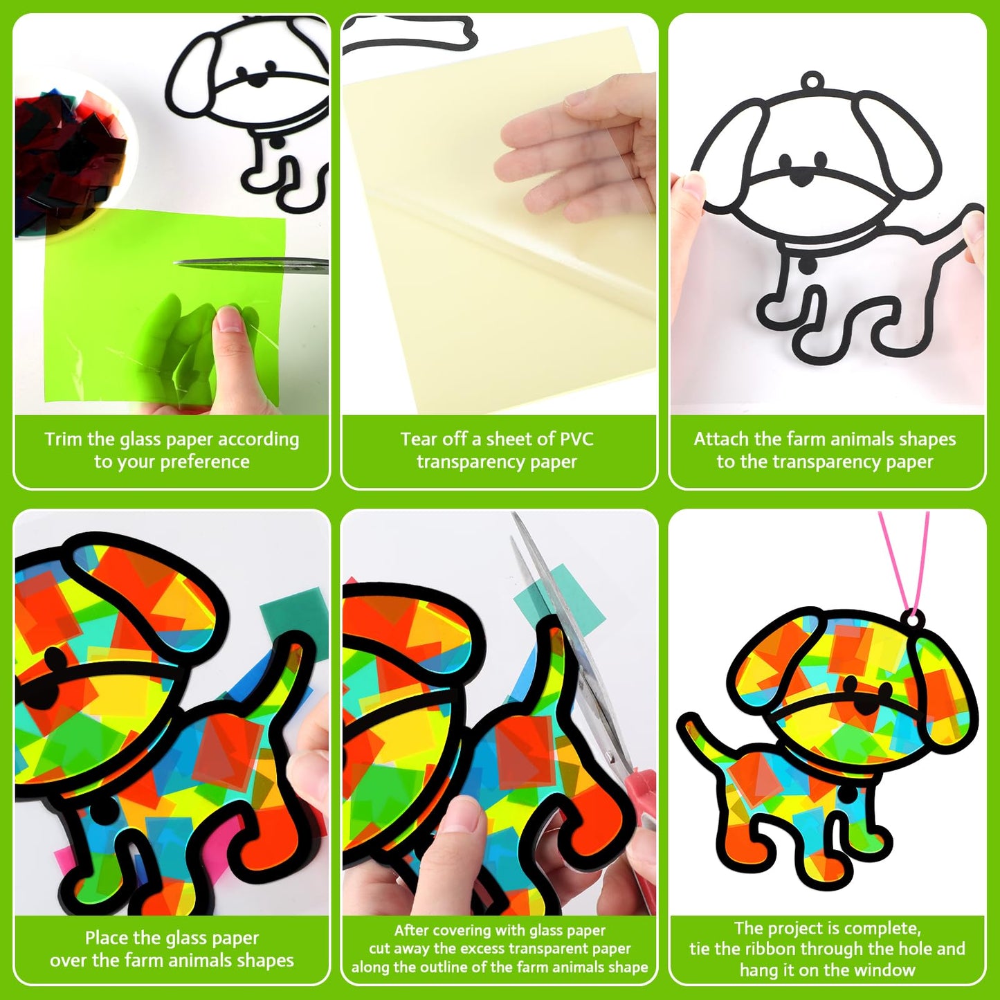 QOUBAI 32 Sets Farm Animals Suncatchers Craft Kit - Colorful Paper DIY Stained Glass Effect - Model QB1046 for Kids' Art Projects