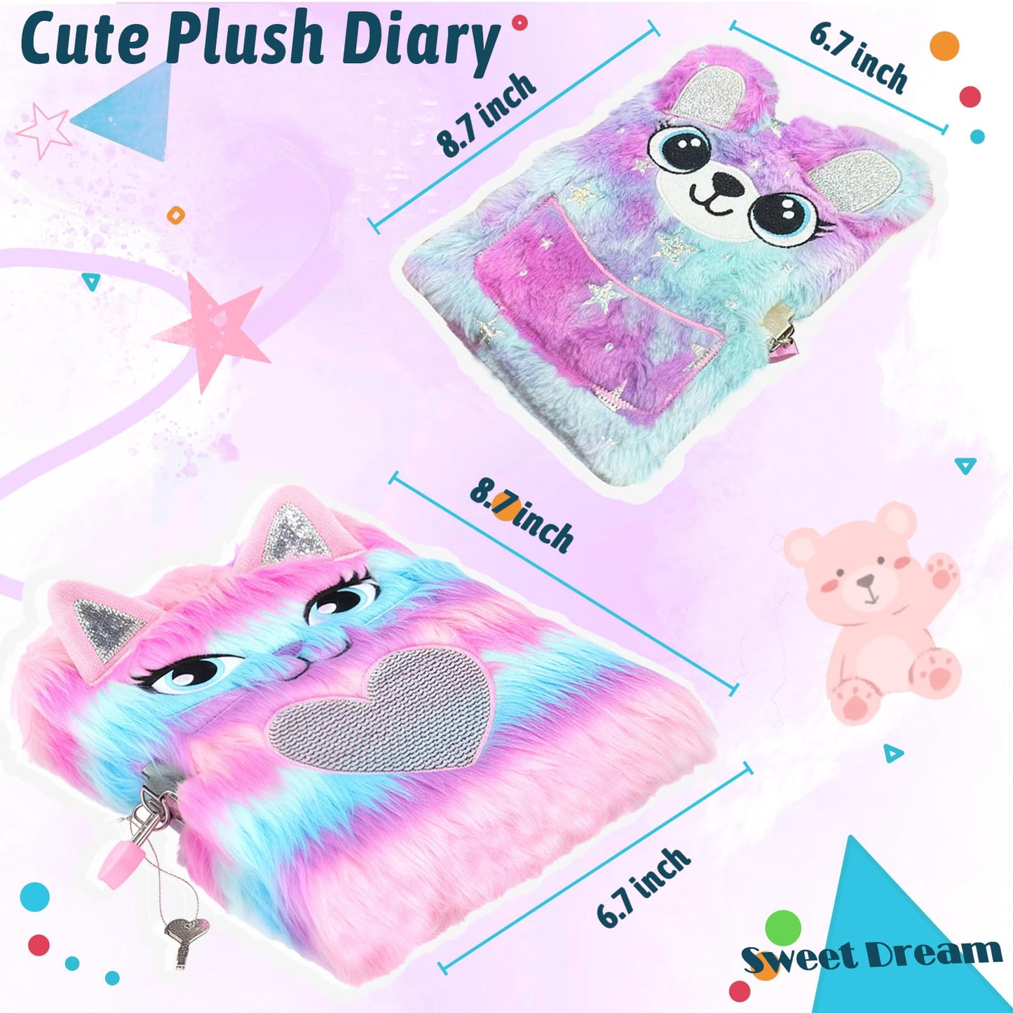 Dicvute 2Pcs Diary With Lock, Gift For 6 7 8 Years Old Girls, Fuzzy Notebook Cute Cat Bear Diary Secret Writing Plush Journal Ch