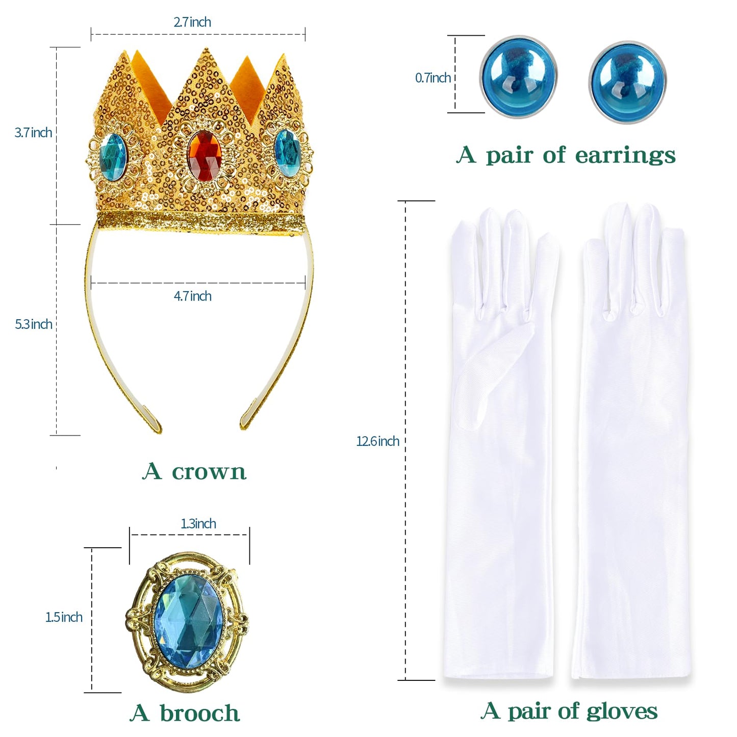Askuang Princess Costume Set Including Crown+Gloves+Brooch+Clip On Earrings Princess Halloween Cosplay Dress Up Birthday Party