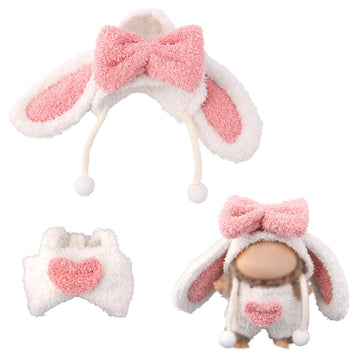 Doll Clothes Set, Puffy Bunny Outfit For 6.69In Standing & 5.91In Sitting With Pink Heart-Shaped Overalls And Long-Eared Hood Fo