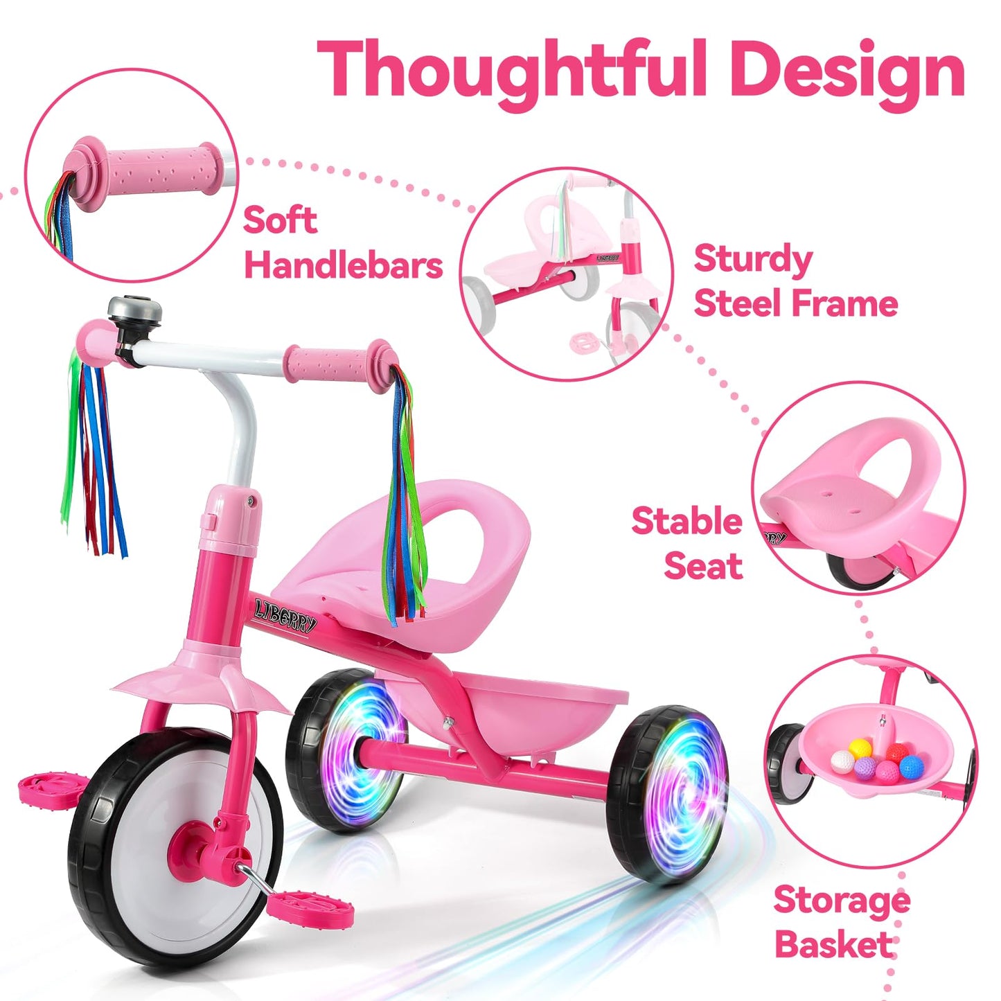 Liberry Toddler Tricycle with Light Up Wheels, Removable Pedal, Pink, 3 Wheel Bike for Ages 2-4, Ideal Indoor/Outdoor Riding Toy